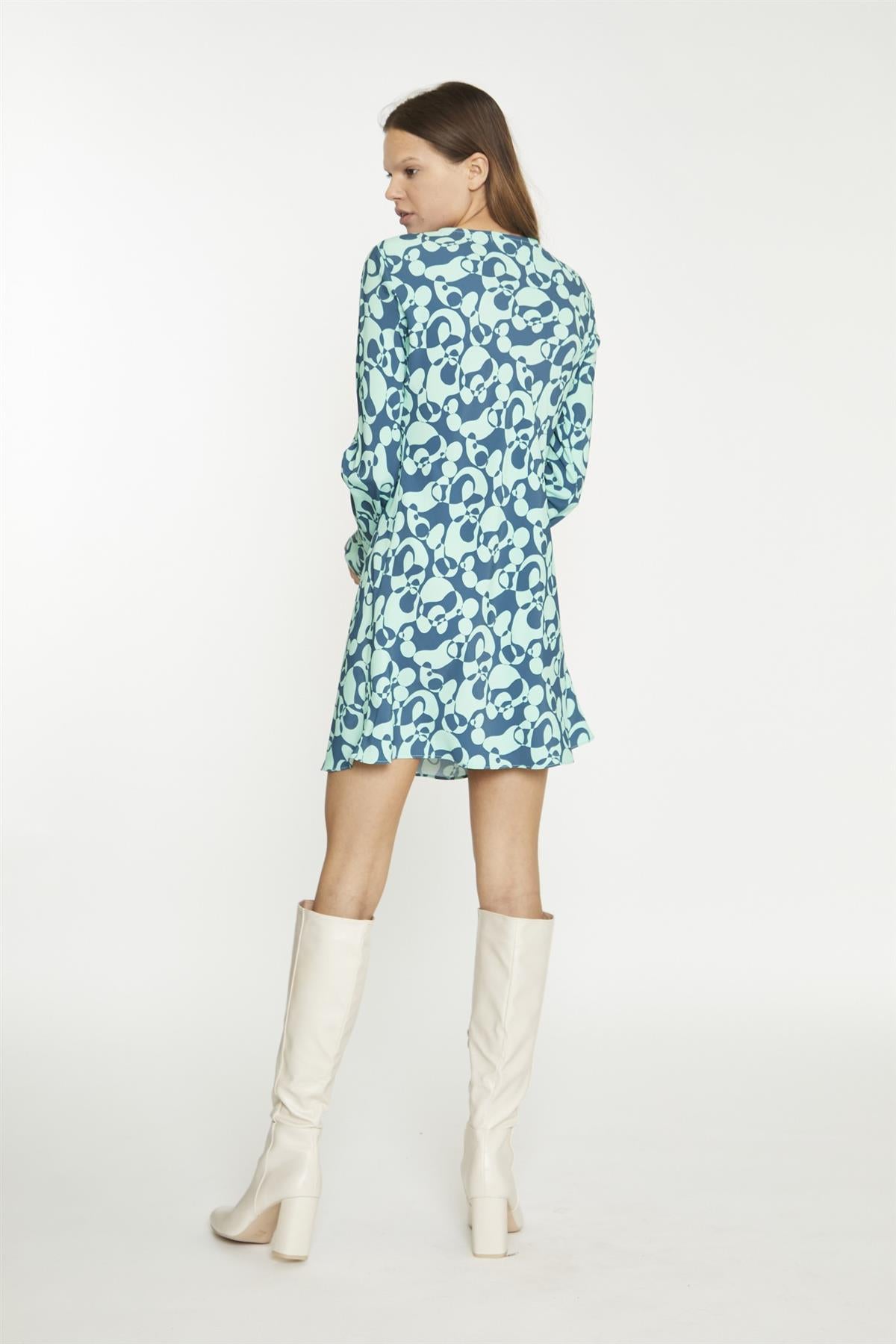 Green Abstract-Bubble Long-Sleeve Mini-Dress