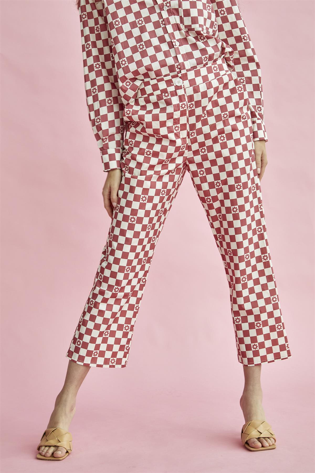 Rose-Checkerboard Flower Cropped-Trousers