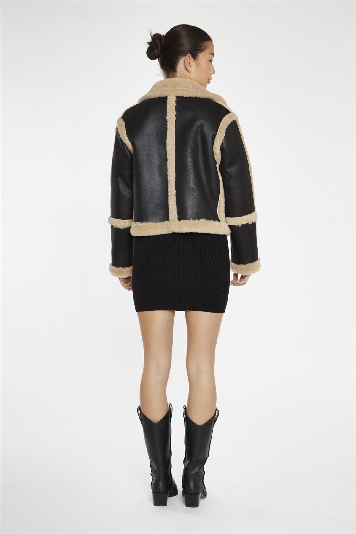 Black-Beige Faux-Fur Trim Jacket