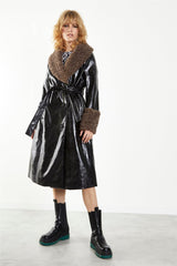 Black Ash-Brown Faux-Fur Trim Belted-Coat