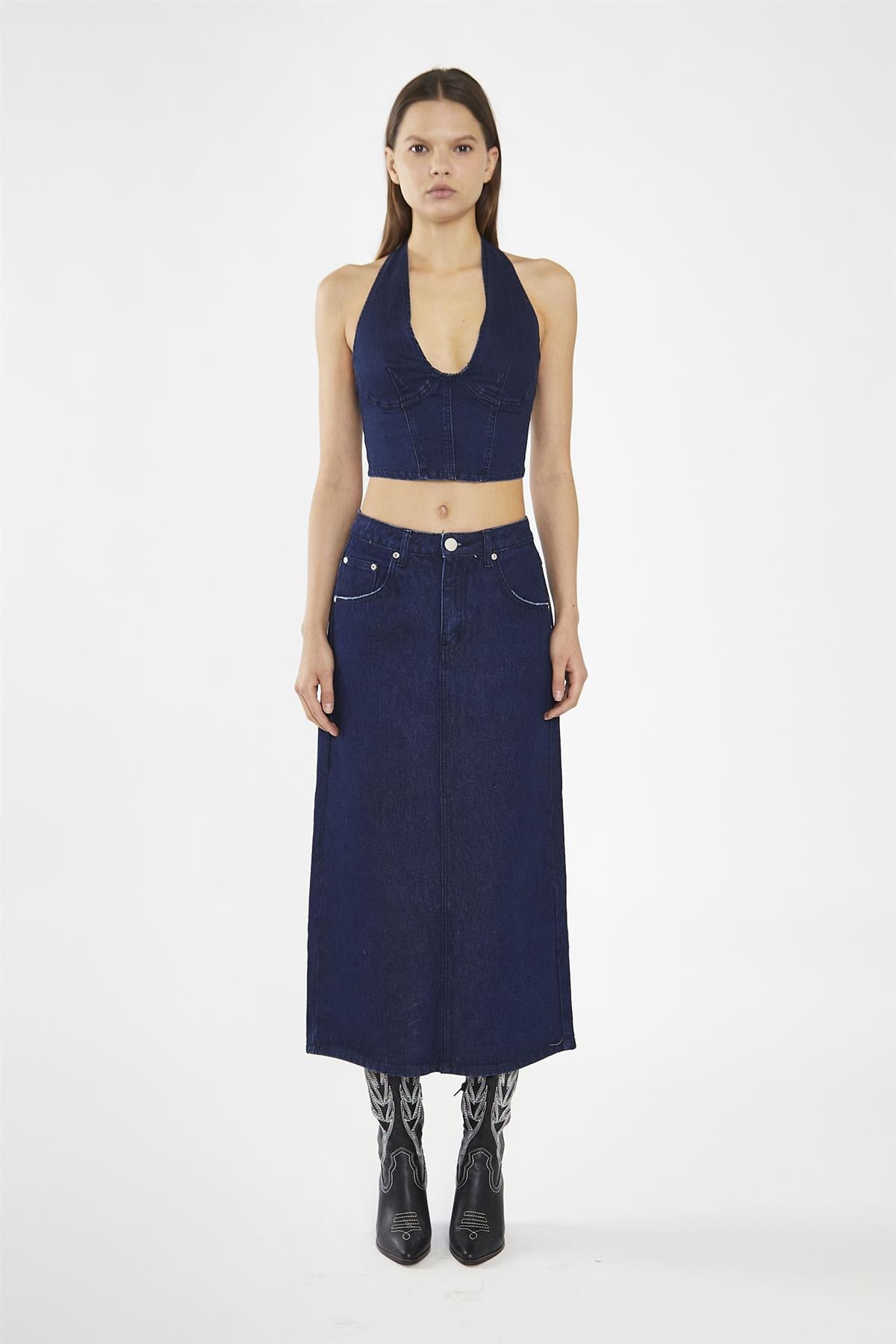 Indigo-Blue Front Split Denim Maxi-Skirt