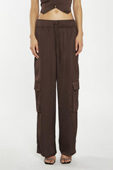 Brown-Satin Cargo Trousers