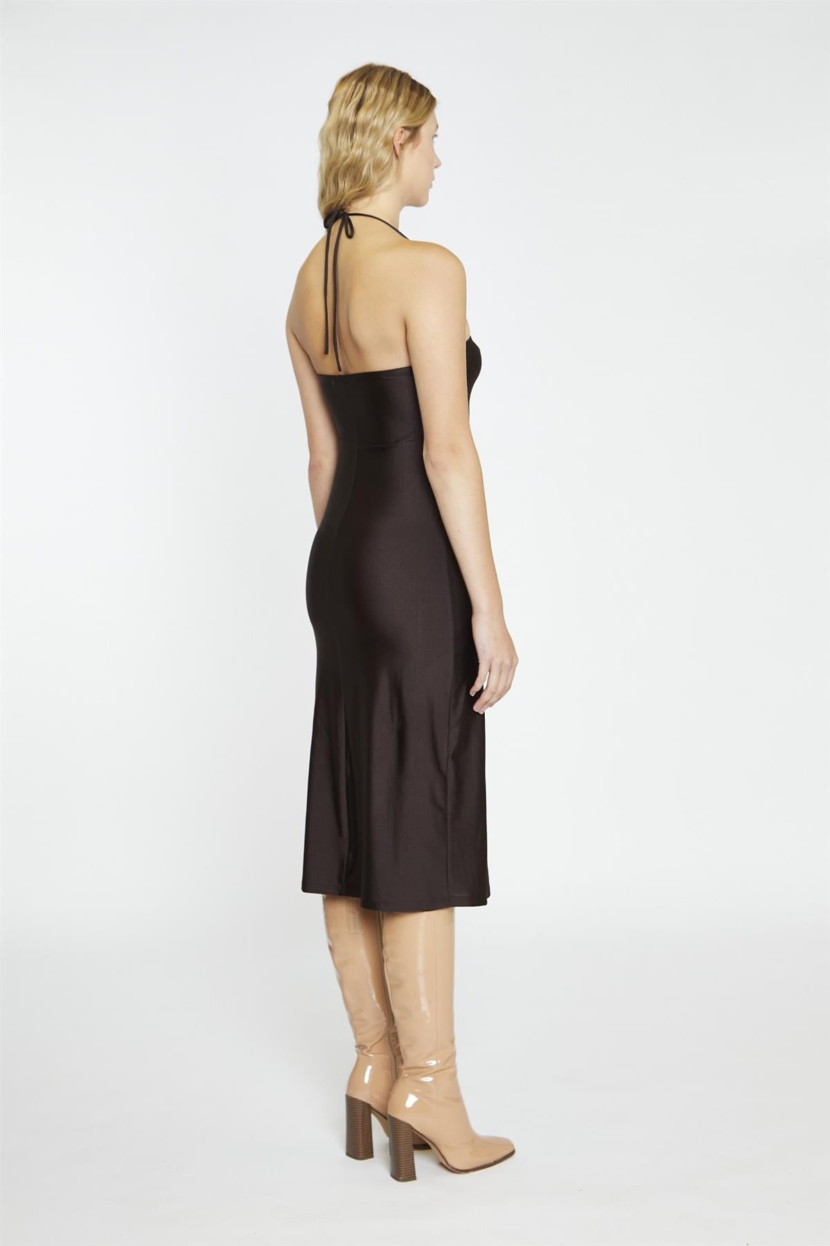 Dark Brown Square Halterneck Midi-Dress