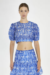 Blue-Tile Organza Puff Sleeve Crop-Top