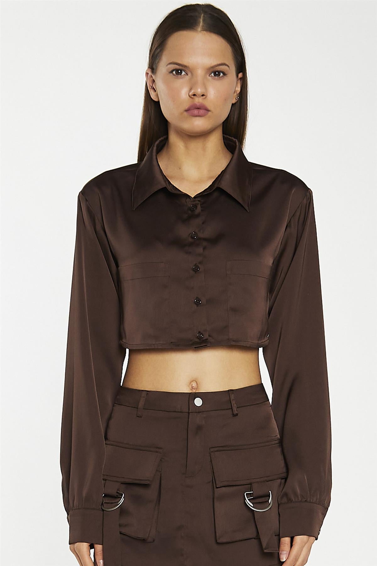 Brown-Satin Open-Back Crop-Shirt