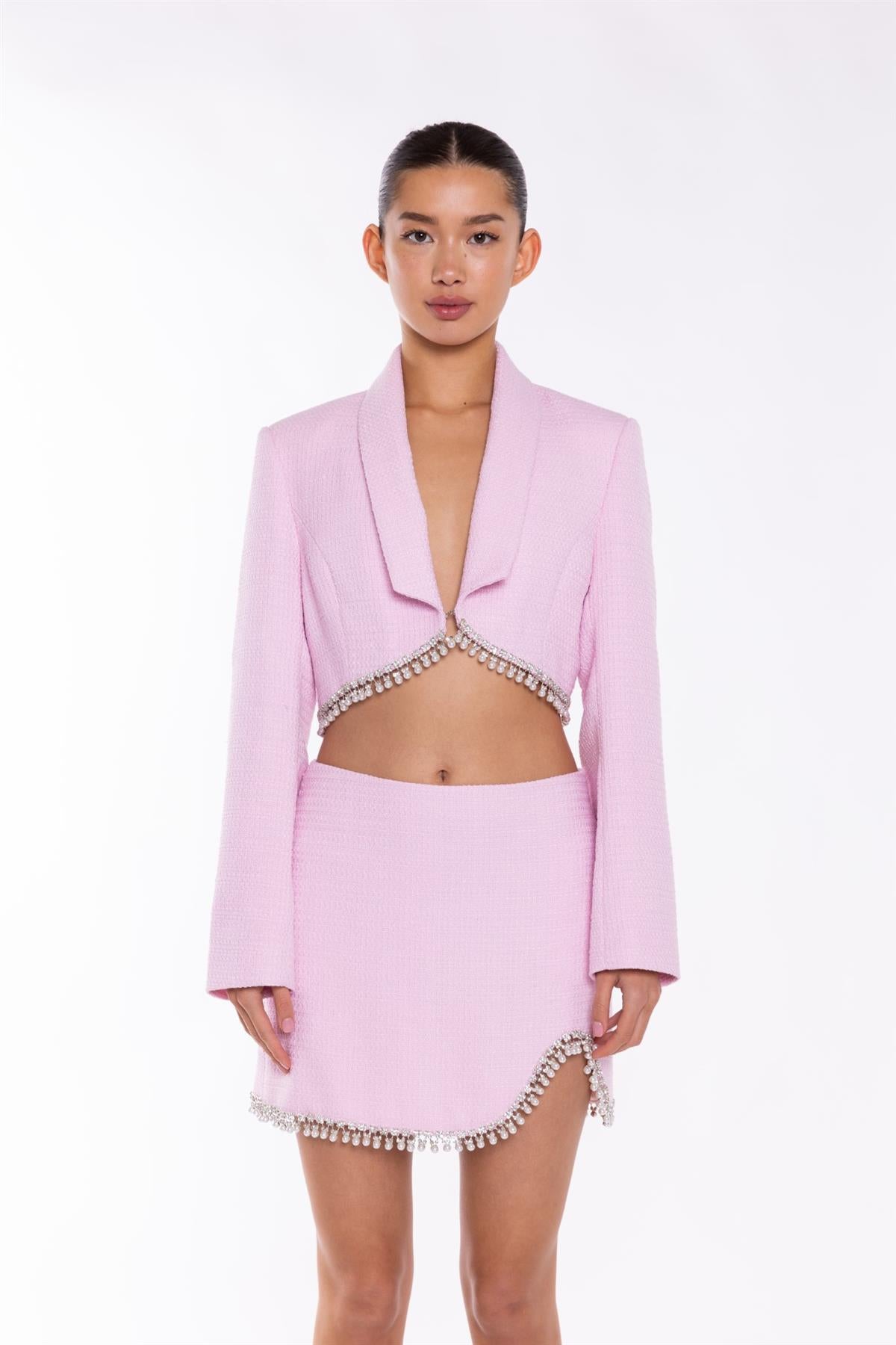 Pink-Tweed Diamante Trim Crop-Blazer