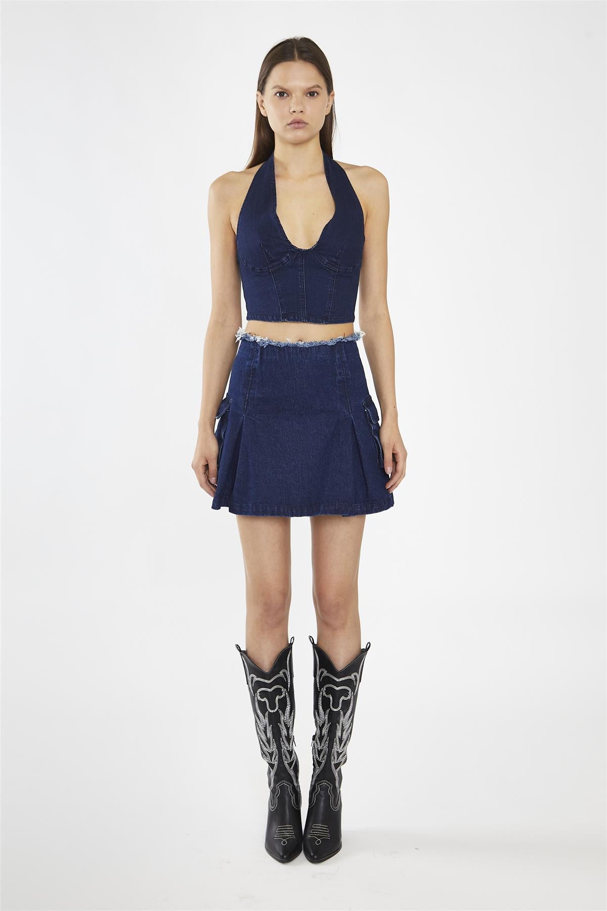 Indigo-Blue Denim Cargo Mini-Skirt