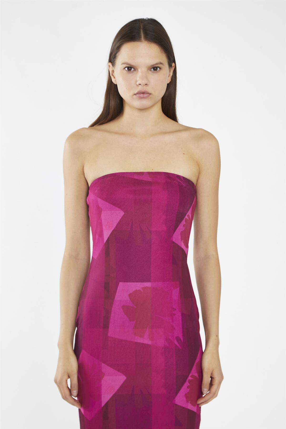 Pink-Block Mesh Bandeau Bodycon Midaxi-Dress