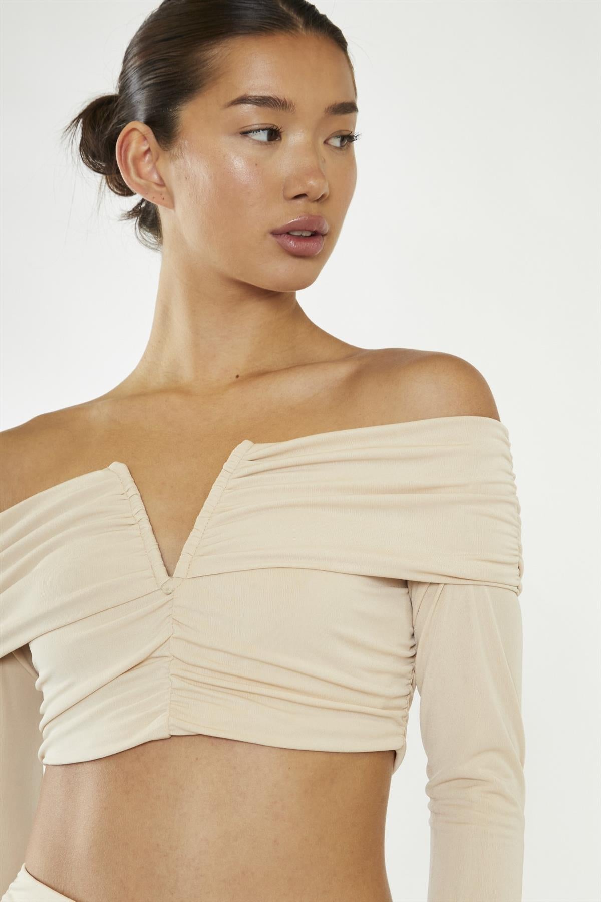 Nude Ruched Bardot Crop-Top