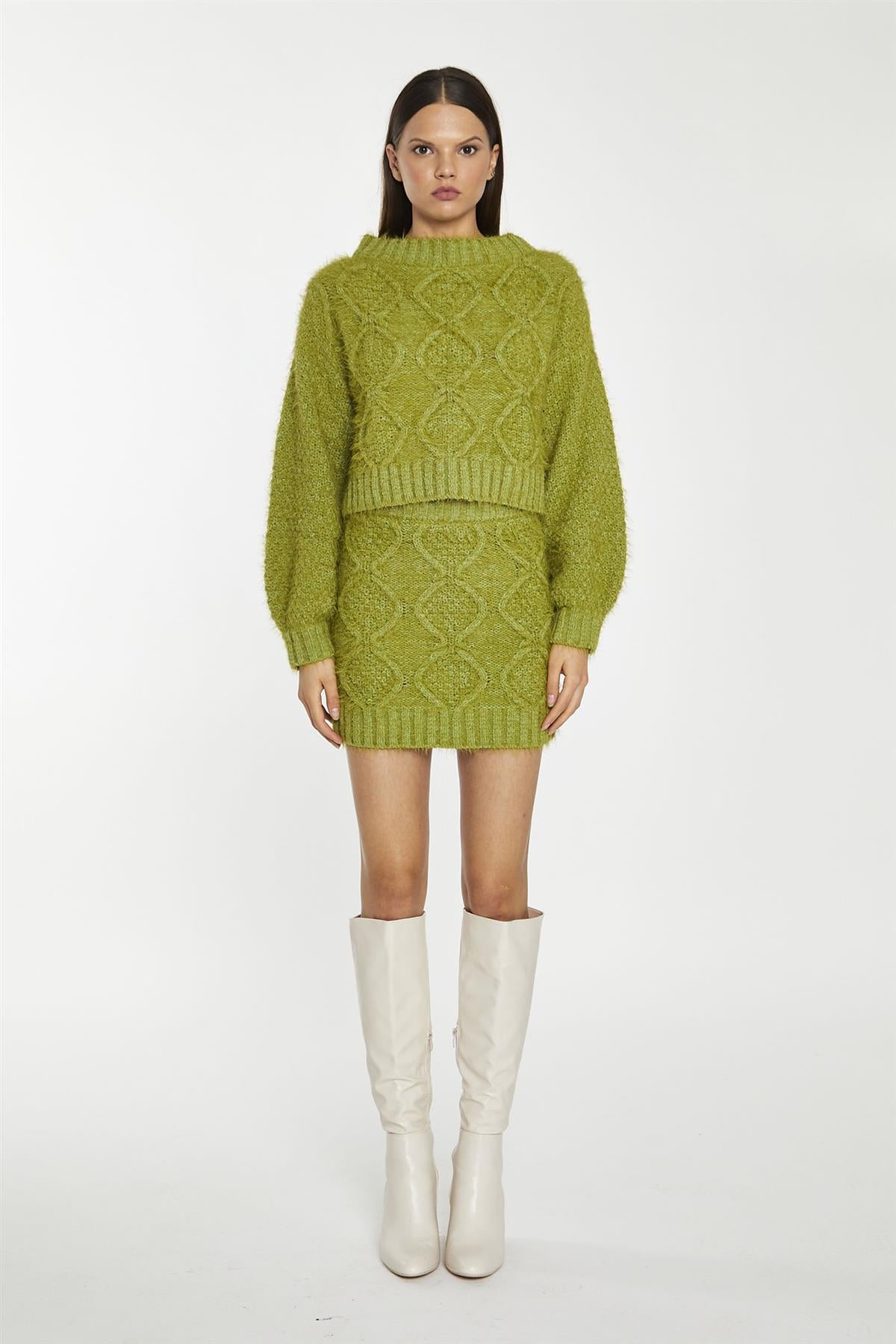 Grass-Green Cable-Knit Long Sleeve Jumper