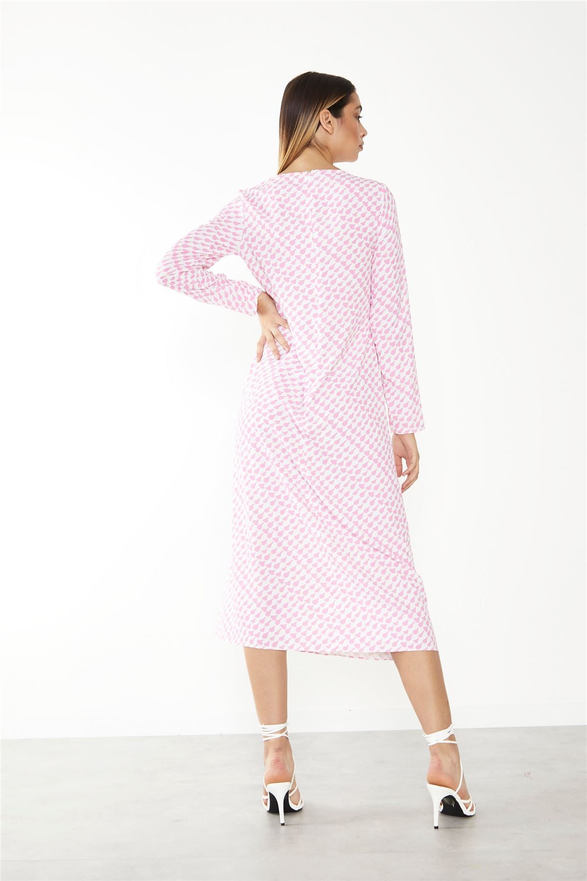 White Pink Splodge Side Split Midi Dress