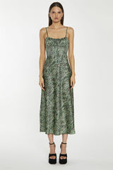 Green-Black Animal Strappy Milkmaid Midi-Dress