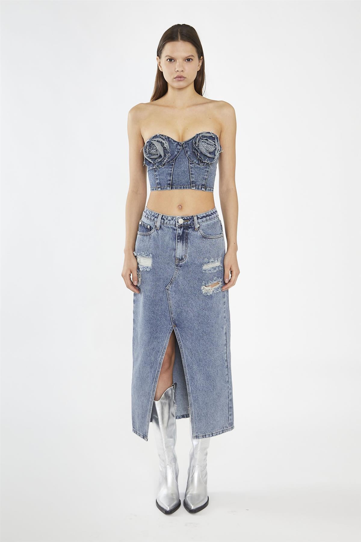 Heavy-Vintage Wash Front-Split Distressed Denim Midi-Skirt