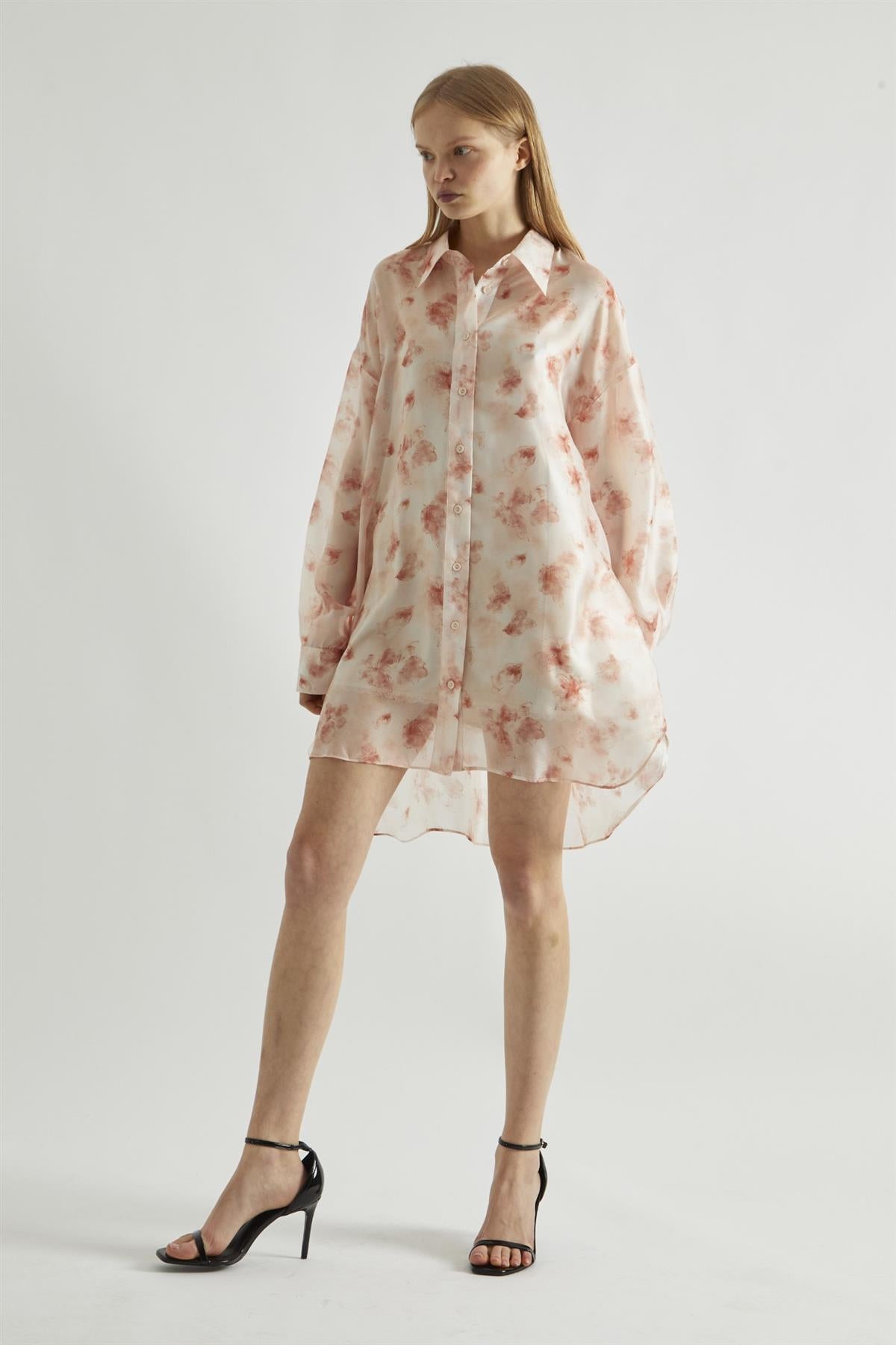 Dusty Peach Floral Hi-Low Shirt-Dress