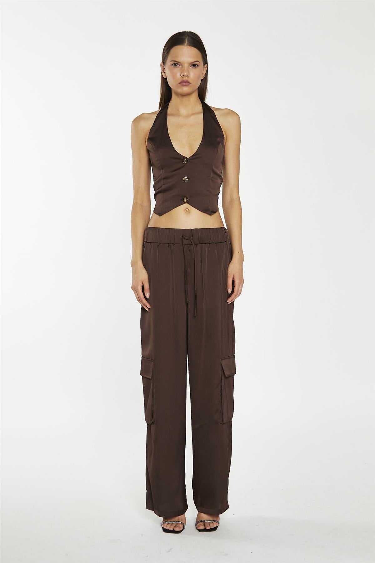 Brown-Satin Cargo Trousers