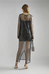 Black-Silver Sequin-Net Midi-Dress