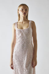 Pink-Silver Sequin Square-Neck Bias-Cut Midaxi-Dress