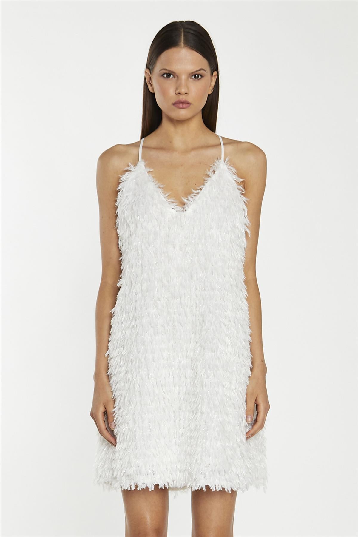 White Glitter Fringe Mini-Dress