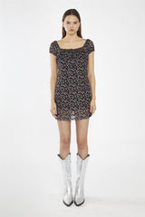 Black Fruit-Print Mesh Milkmaid Mini-Dress