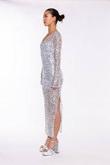 Silver Sequin-Mesh V-neck Maxi-Dress