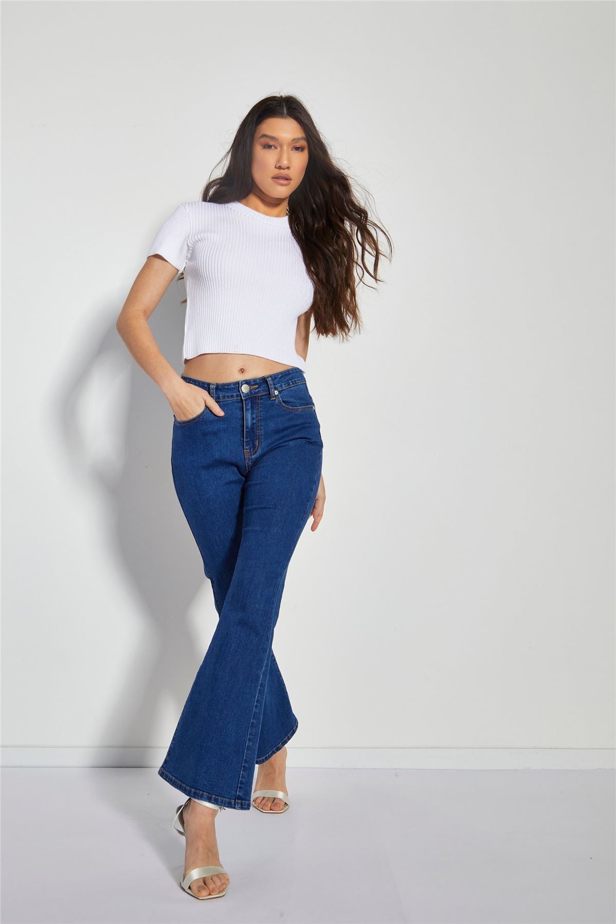 Dark-Blue Wash Flared High-Waisted Jeans