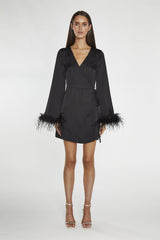 Black-Sateen Feather Trim Wrap Mini-Dress