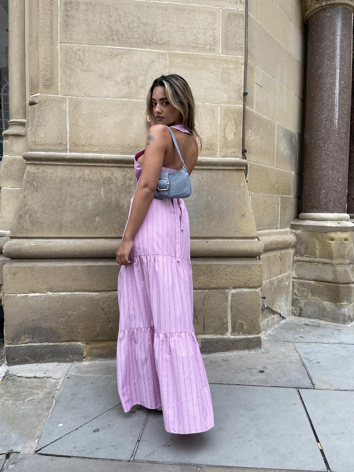 Pink Vertical-Stripe Tiered Maxi-Skirt