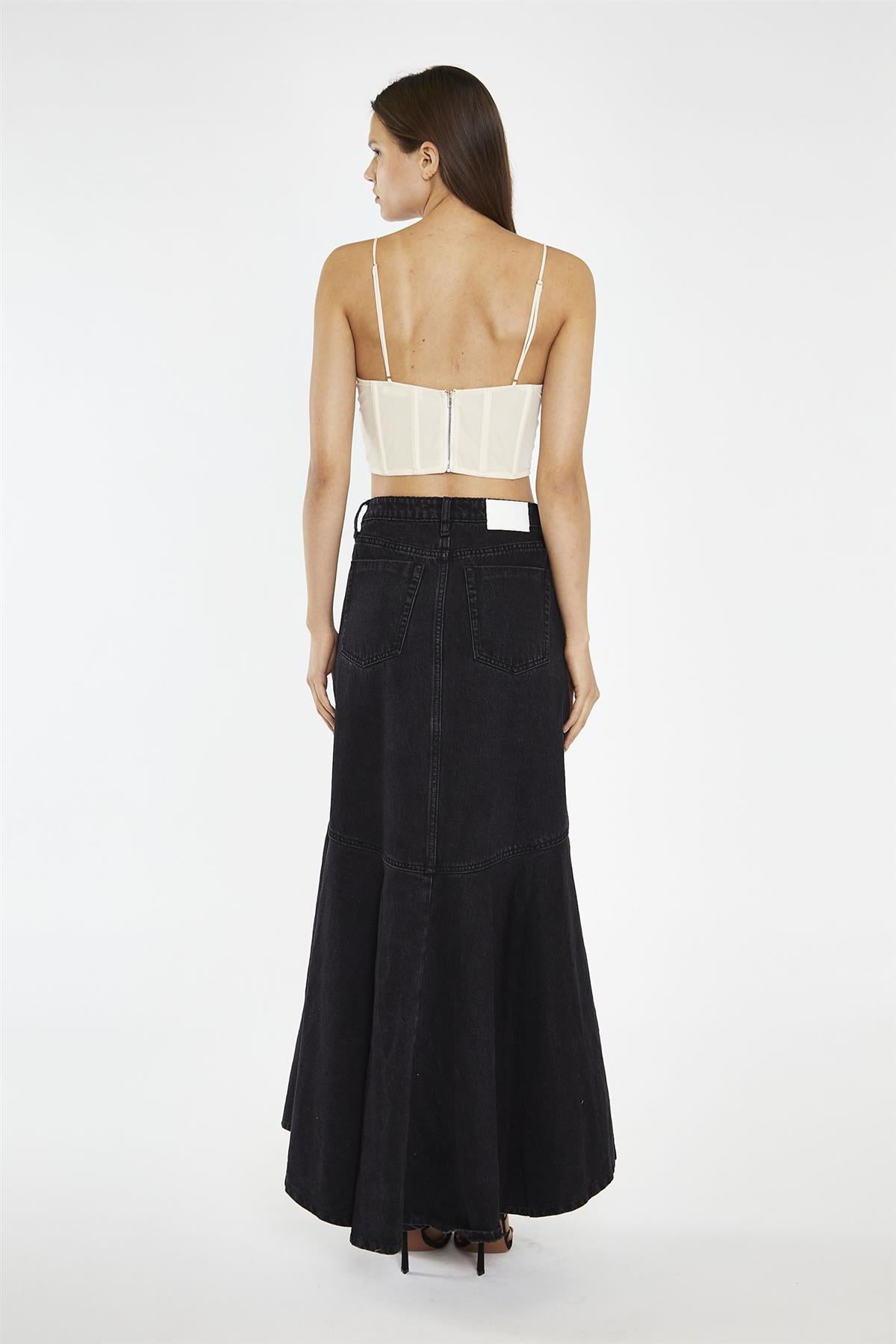 Washed Black Denim Fishtail Maxi-Skirt