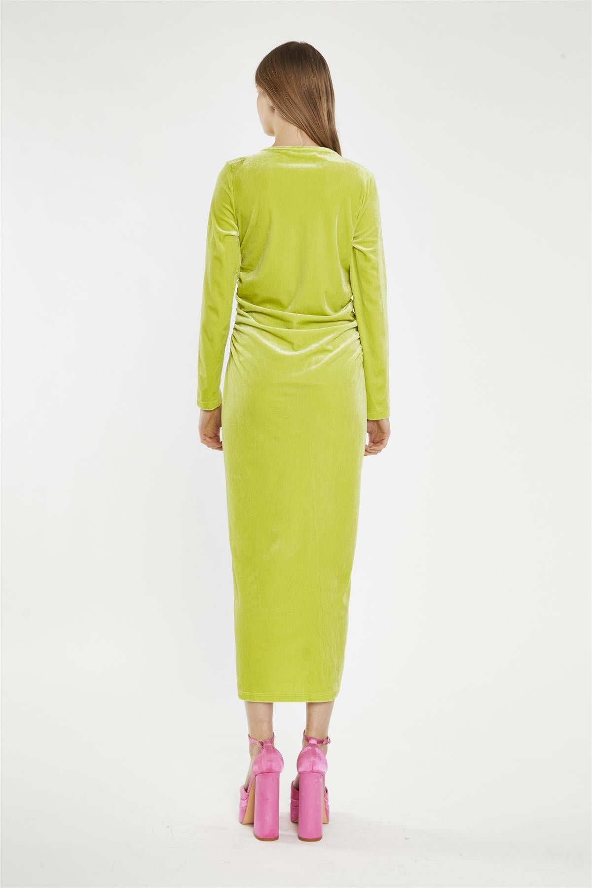 Lime-Green Velvet Ruched-Front Midi-Dress