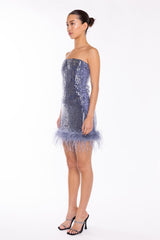 Blue-Sequin Feather-Hem Mini-Dress