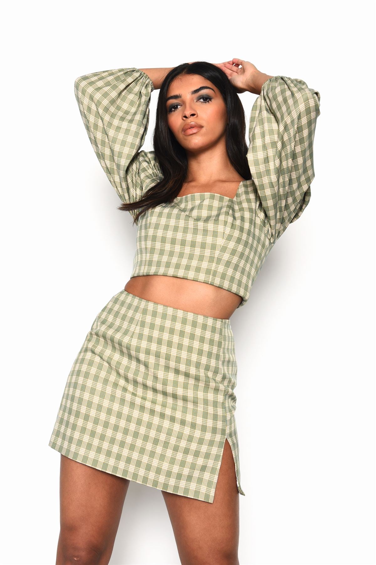 Turquoise Multi Check Side Split Mini Skirt