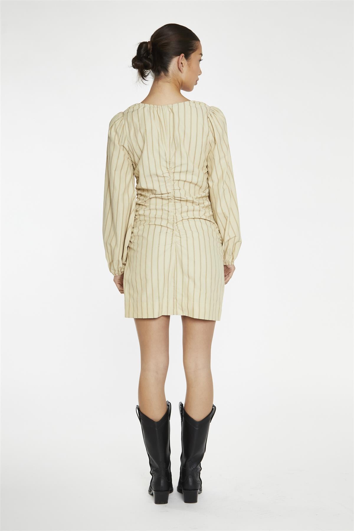 Straw-Gold Stripe Gathered Front Mini-Dress