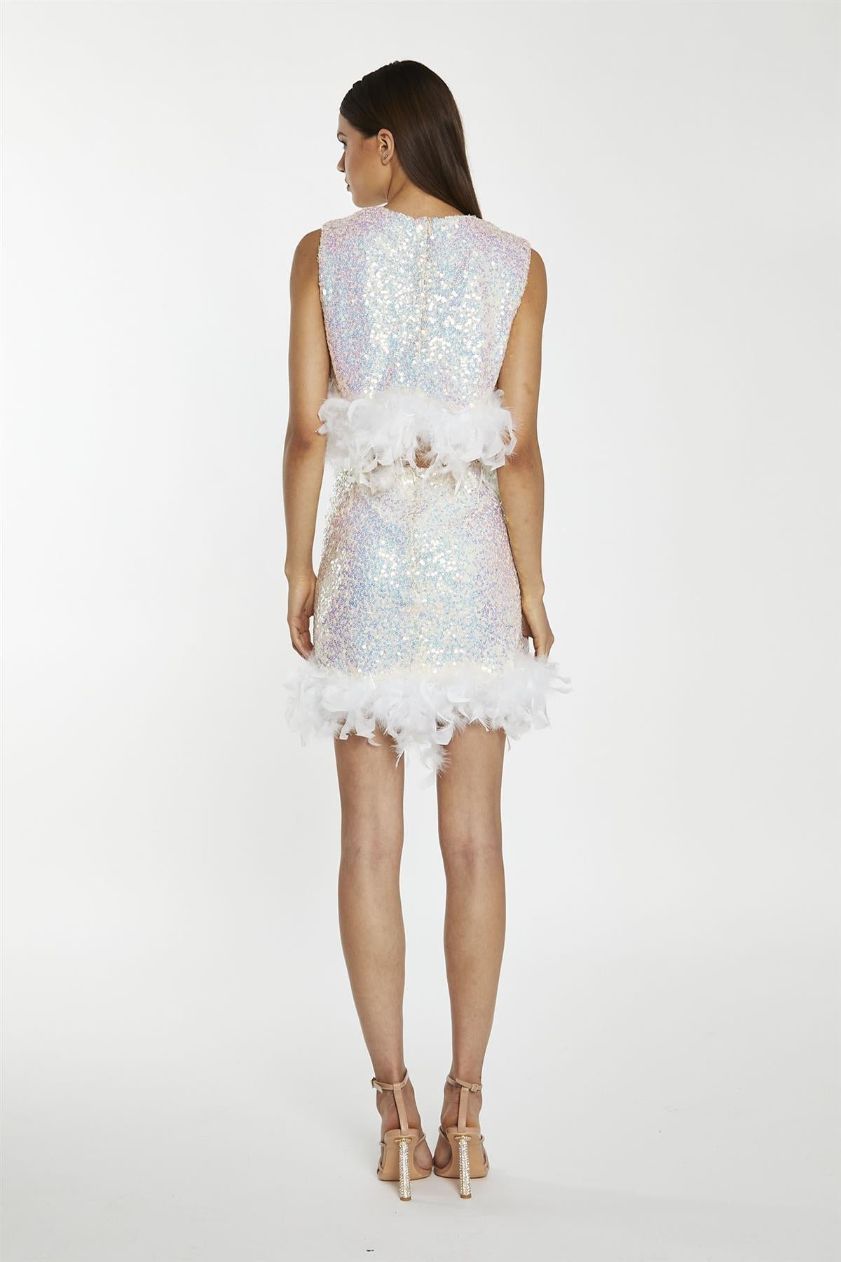 Iridescent-Sequin White Feather Trim Mini-Skirt