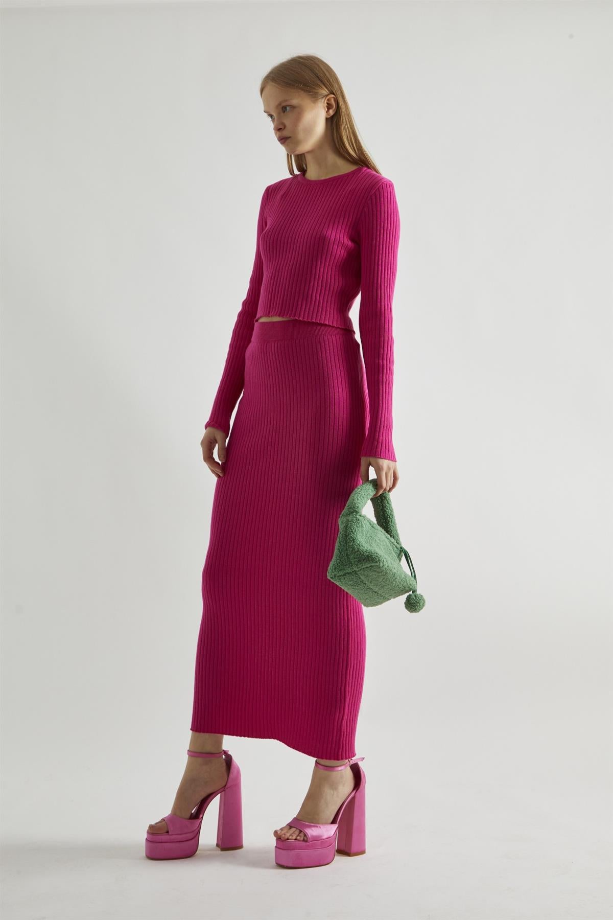 Pink Rib-Knit Midi-Skirt