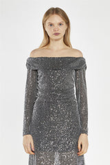 Black Mesh-Sequin Bardot Midi-Dress