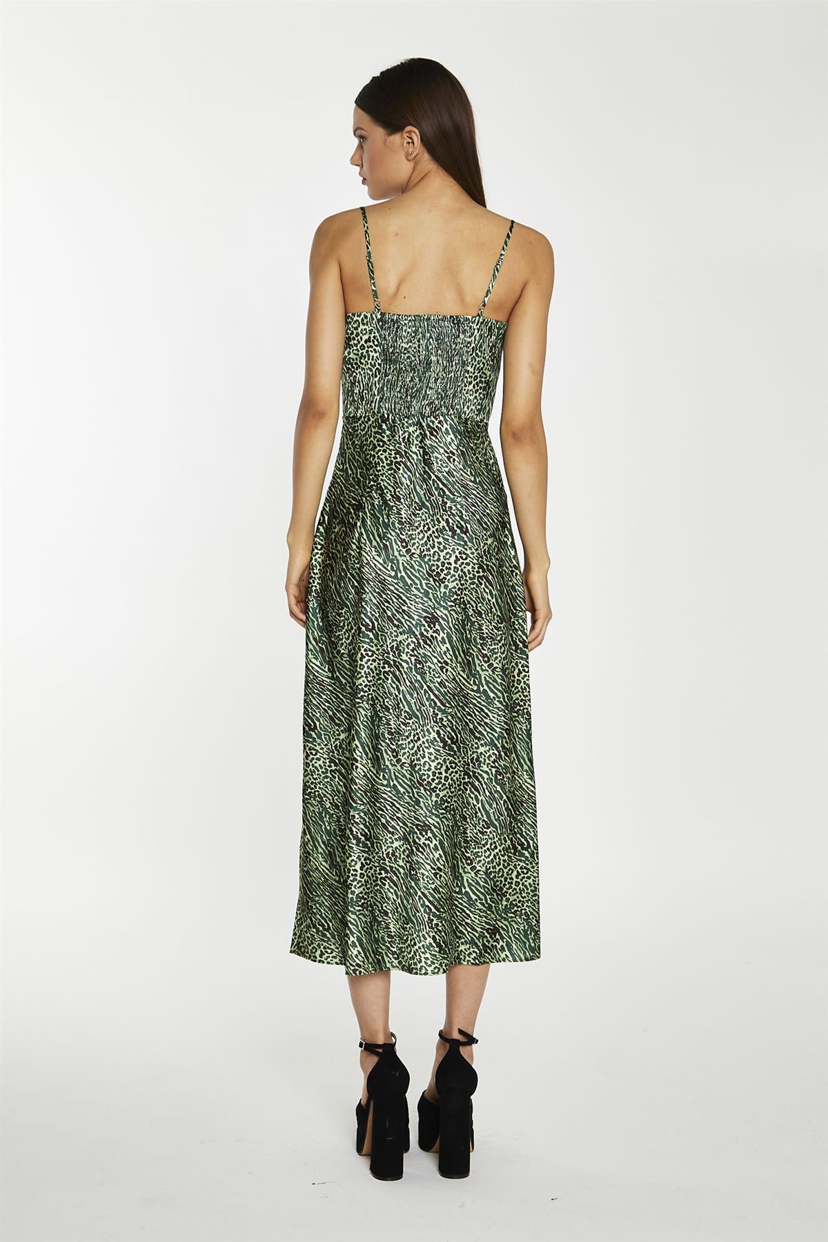 Green-Black Animal Strappy Milkmaid Midi-Dress