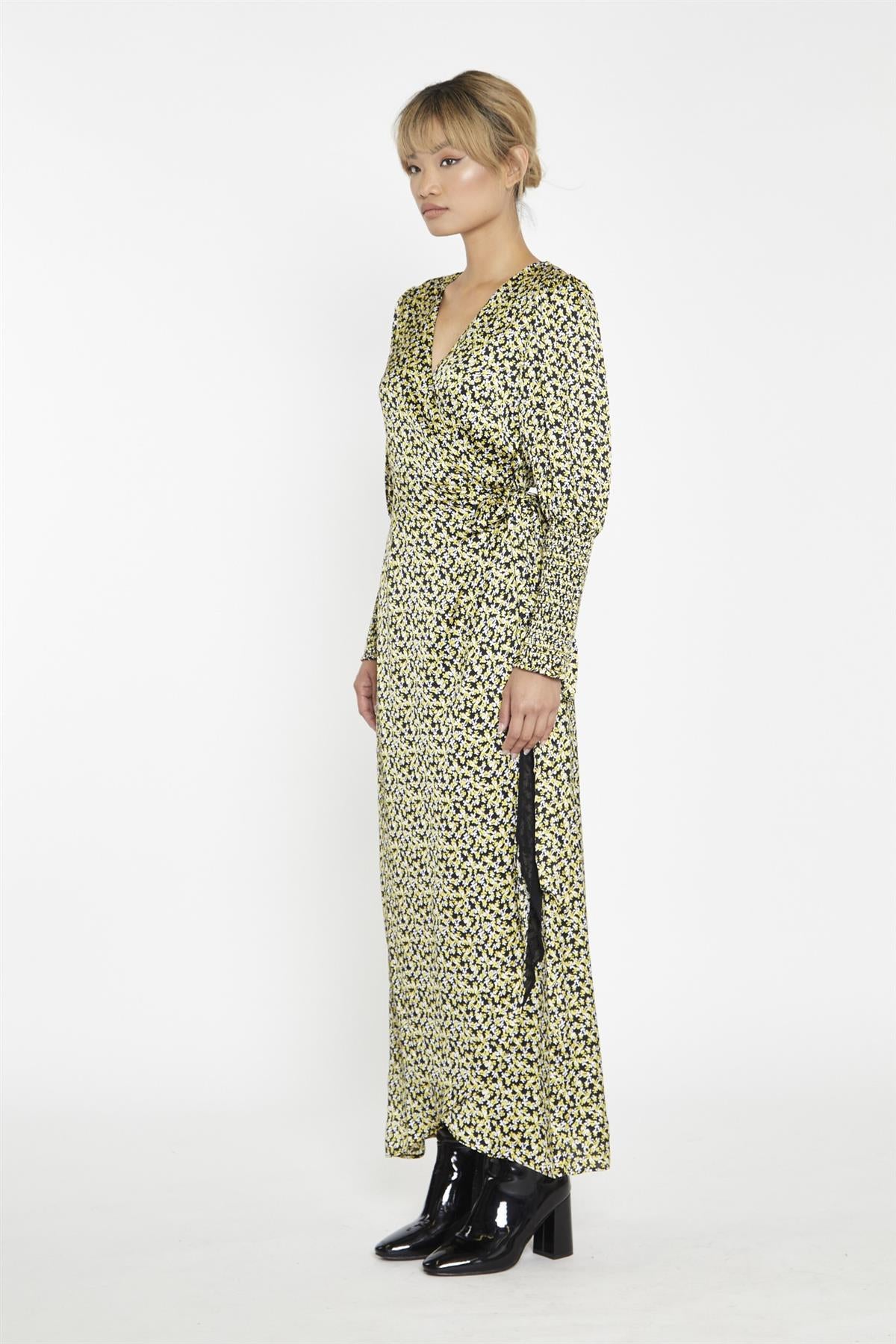 Yellow Splodgy-Floral Wrap Maxi-Dress