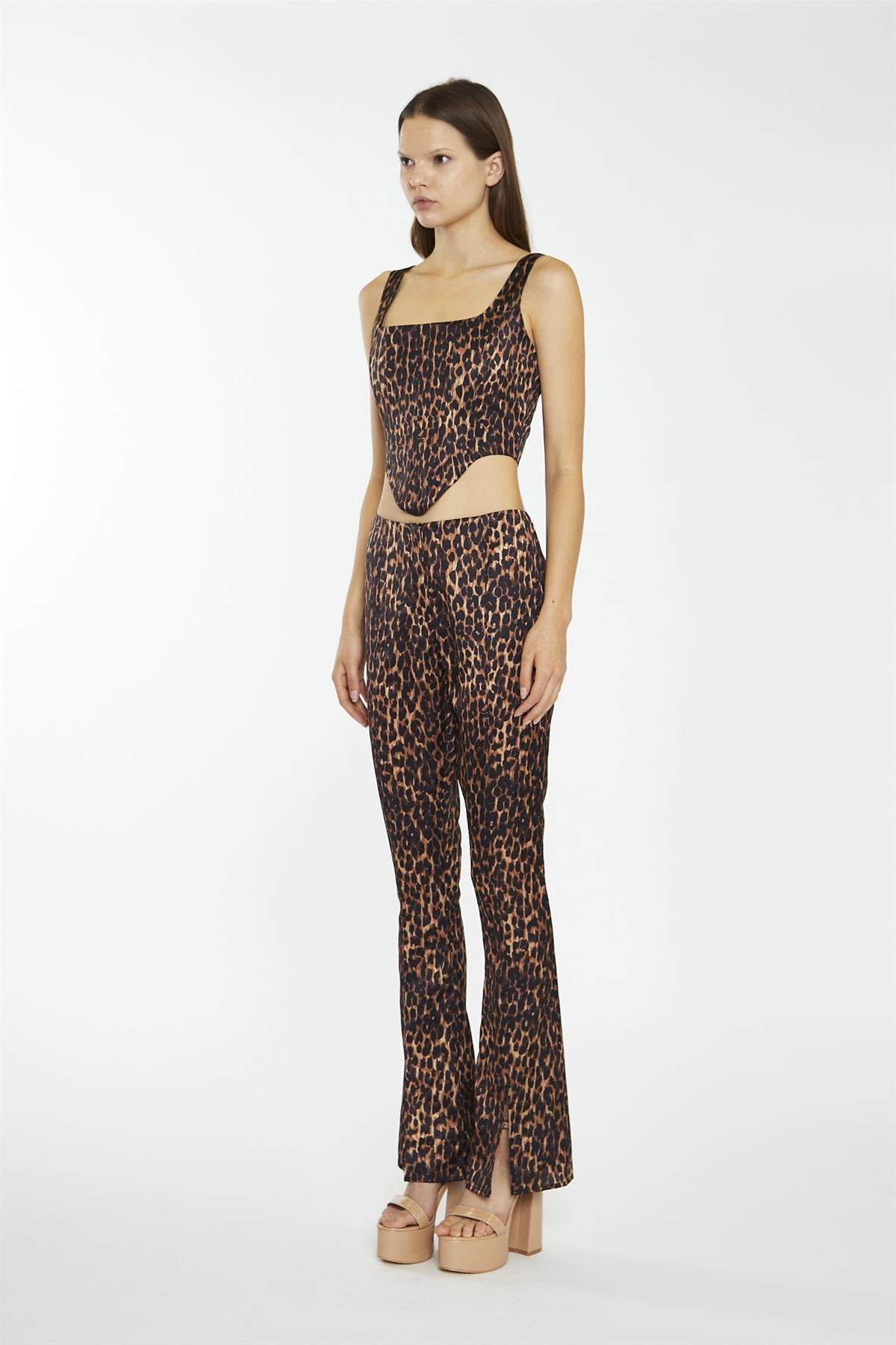 Brown-Leopard Split-Front Flared Trousers