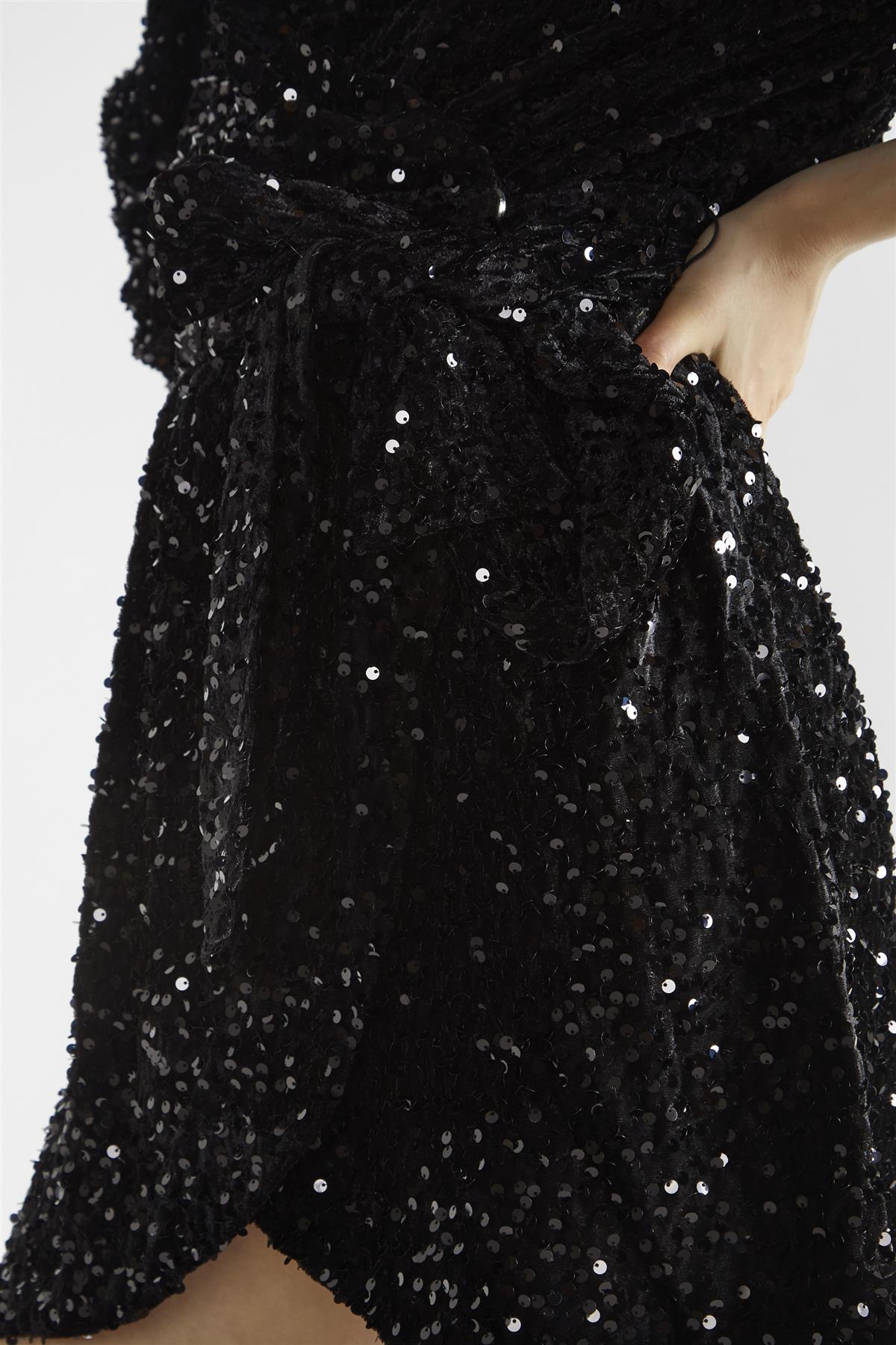 Black Velvet-Sequin Wrap Mini-Dress