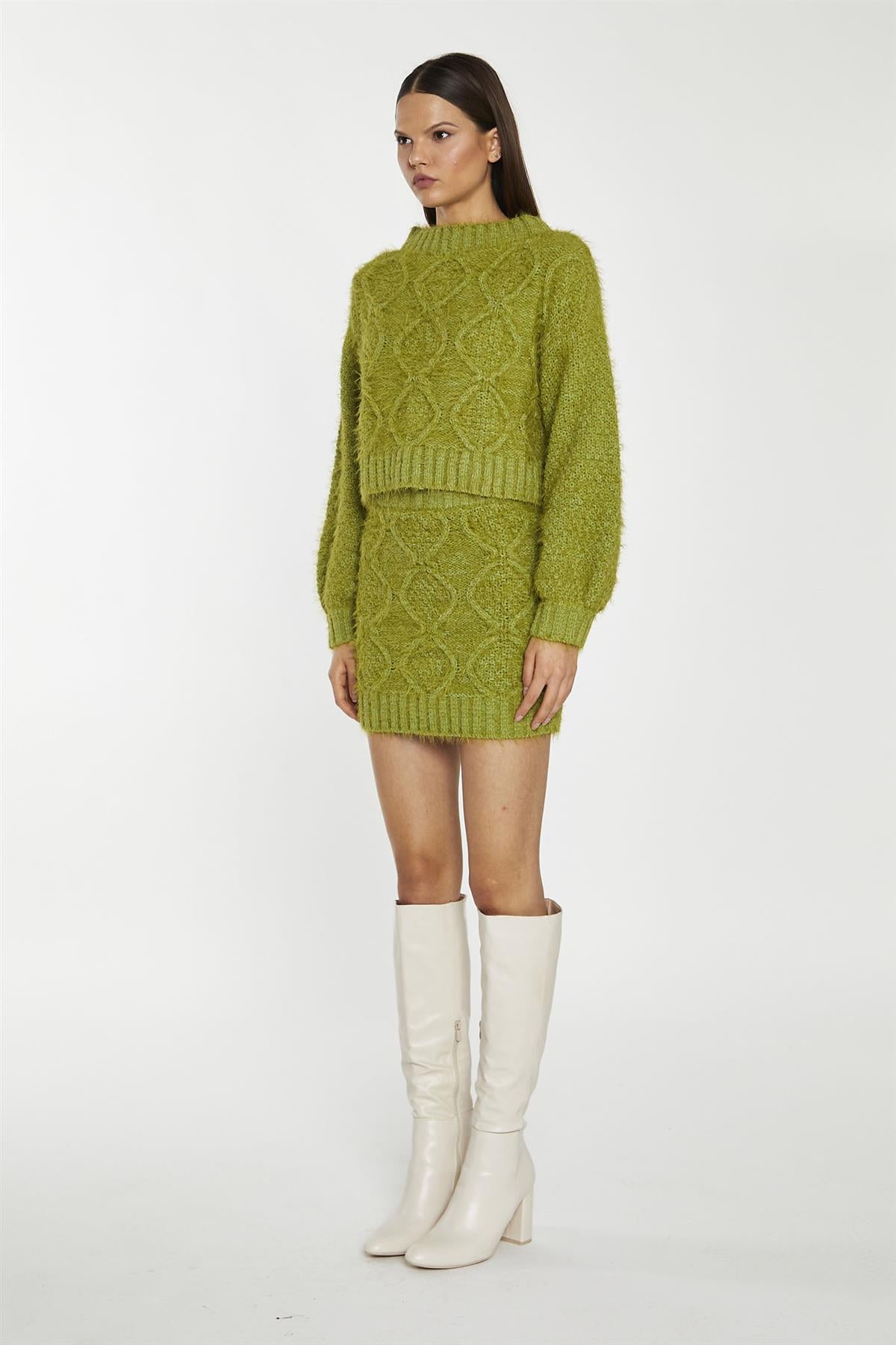 Grass-Green Cable-Knit Mini-Skirt