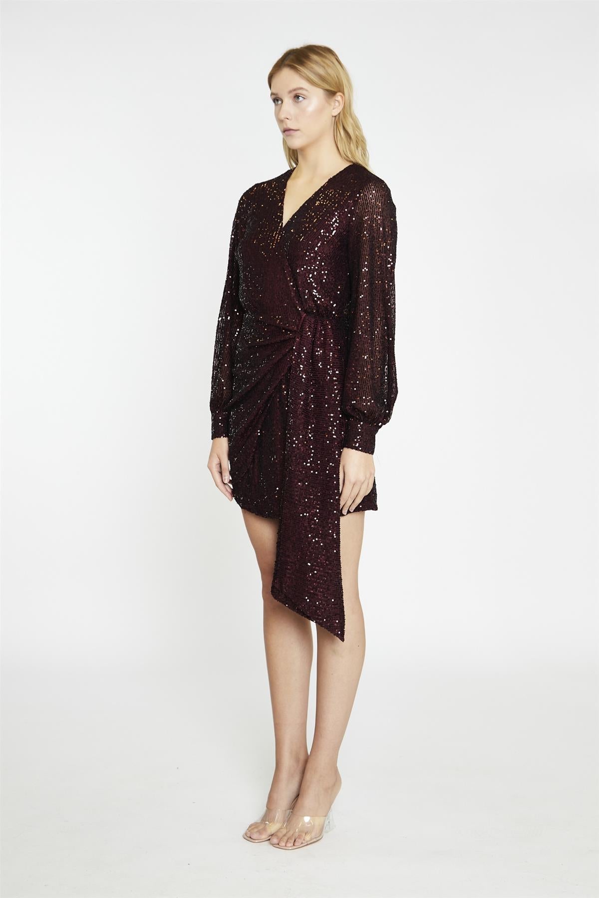 Port-Red Sequin Wrap-Front Mini-Dress