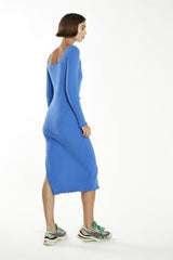 Ultramarine Blue Square-Neck Knit Midi-Dress