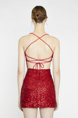 Red-Sequin Lace-Up Back Mini-Dress