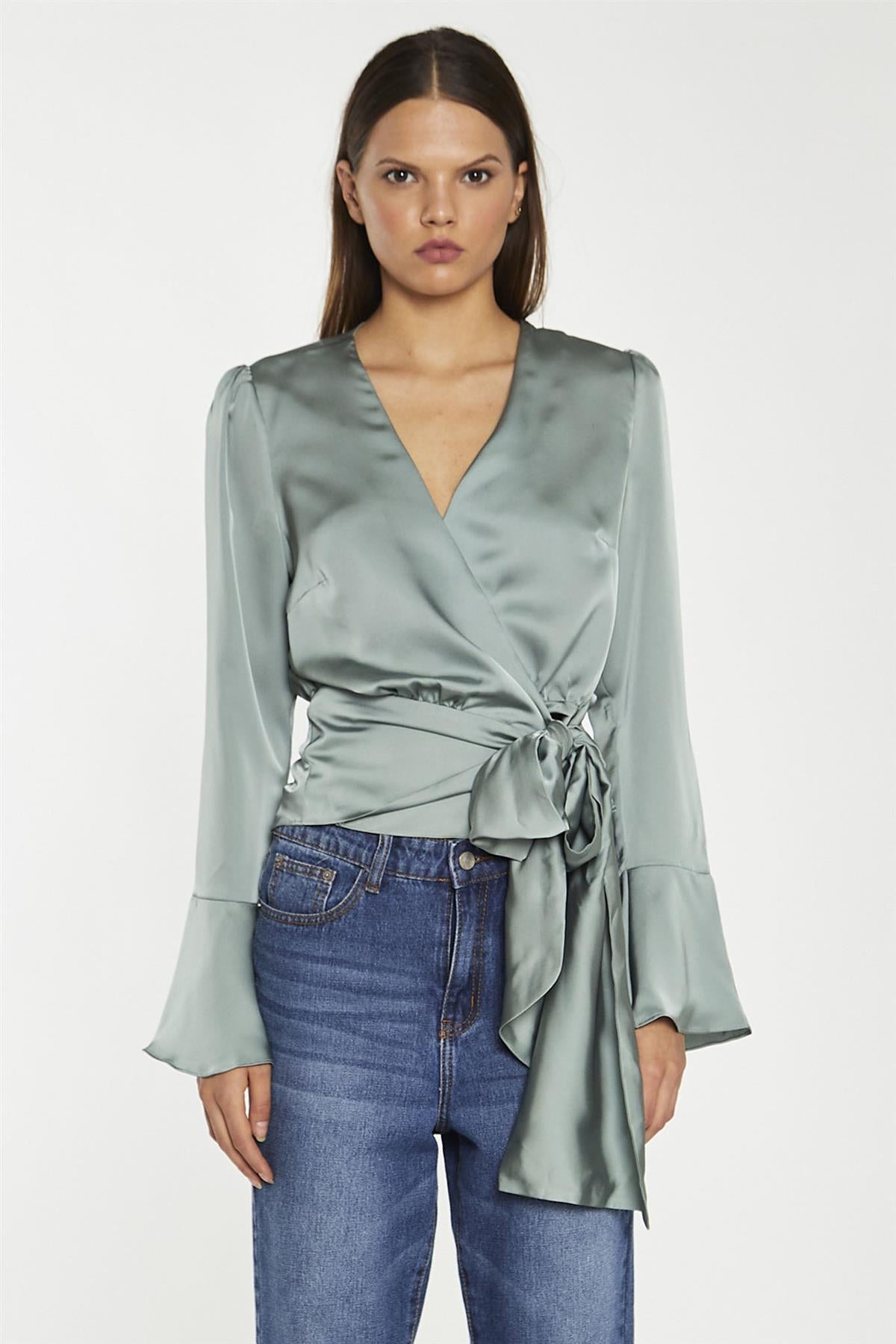 Dusty-Green Satin Wrap Front Blouse