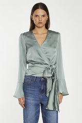 Dusty-Green Satin Wrap Front Blouse