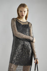 Black-Silver Sequin-Net Midi-Dress