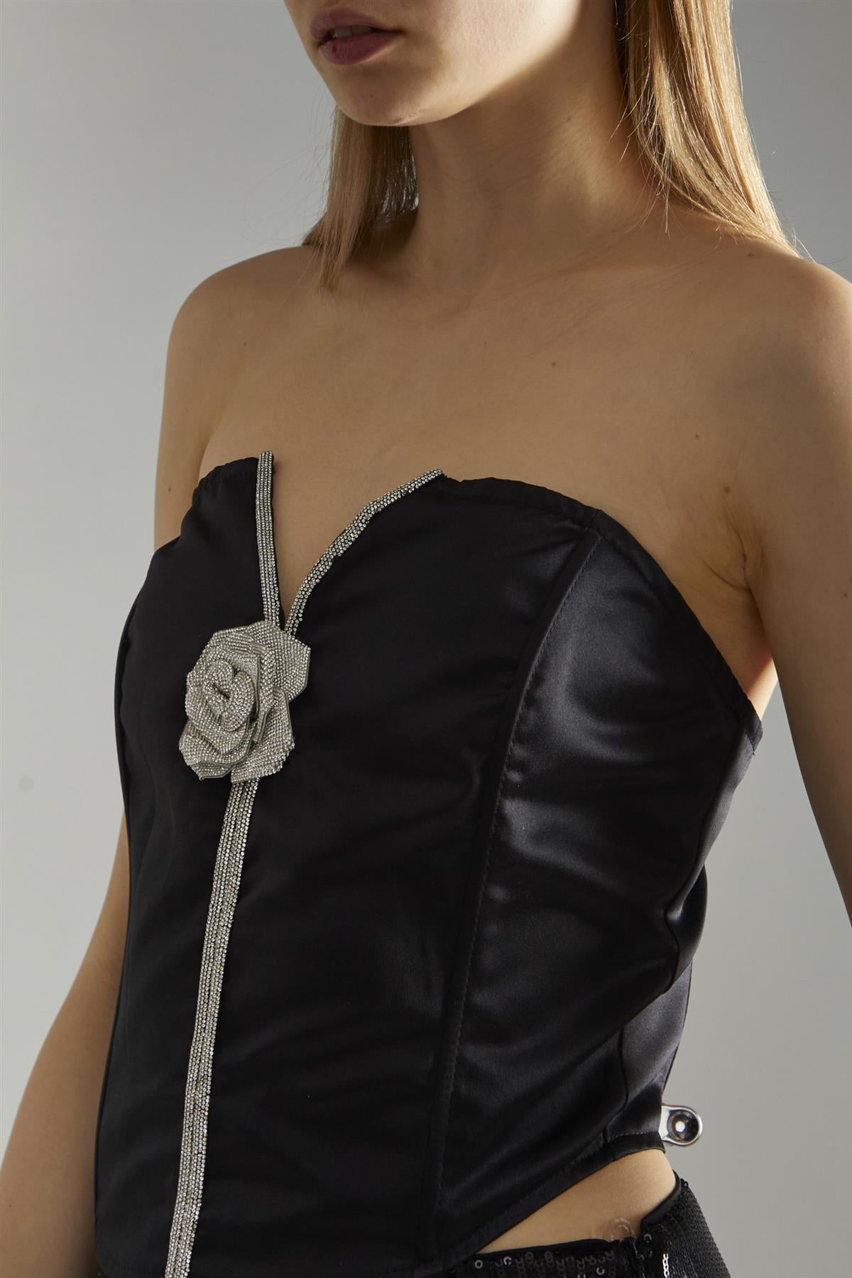 Black-Satin Rhinestone-Flower Strapless Top