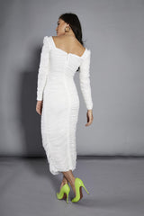 White-Mesh Gathered Maxi-Dress