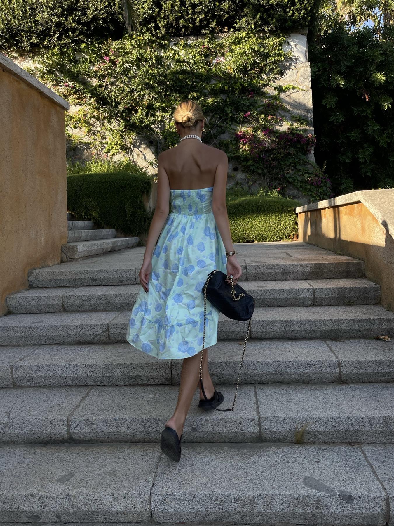 Niamh Strapless Hi-Low Dress -Mint-Blue Floral