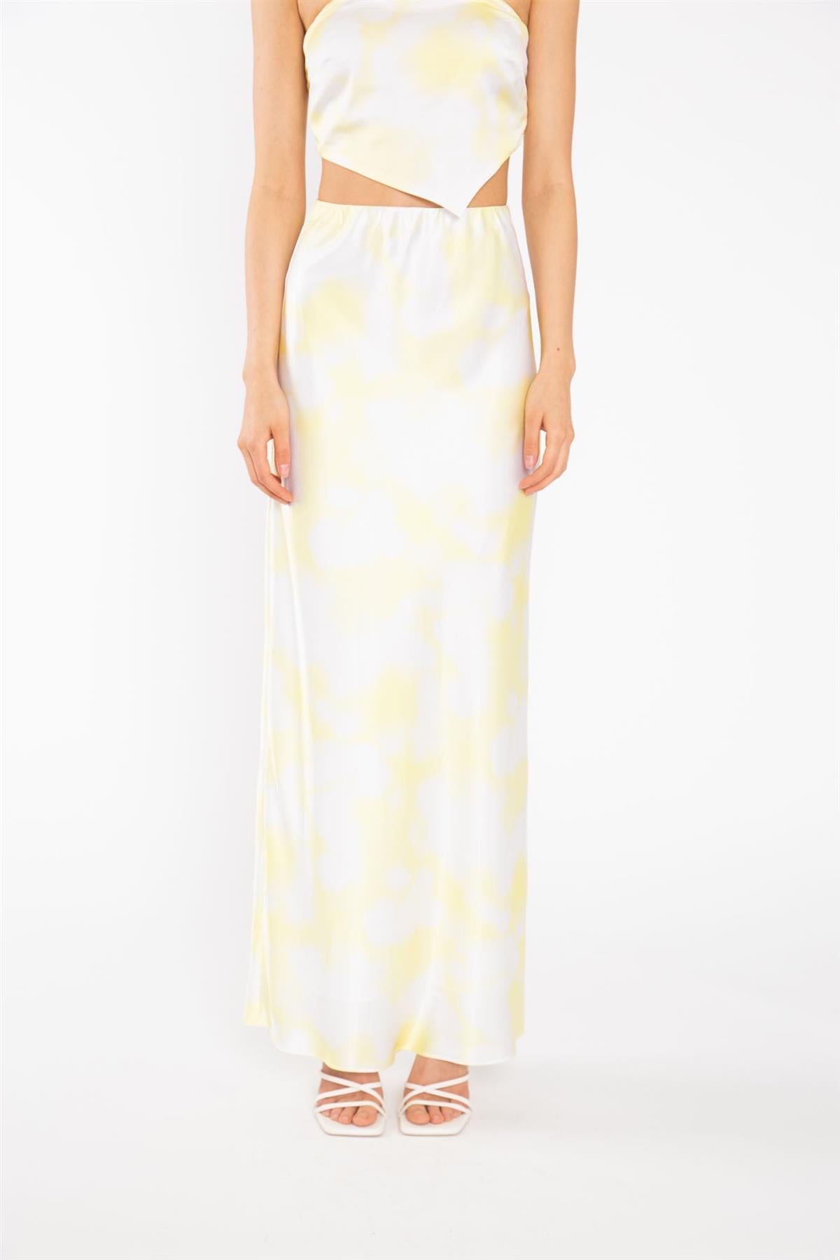 Yellow Print-Satin Bias-Cut Maxi-Skirt